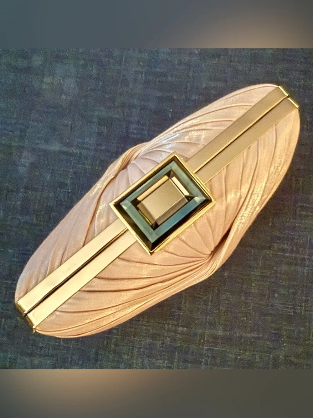 Sondra Roberts Champagne Pleated Clutch with Blue Jewel Clutch and Gold Chain